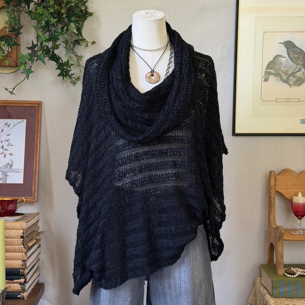 Boho Black Cowl Neck Open Knit Poncho Sweater L/XL Dark Romantic Layering Sheer